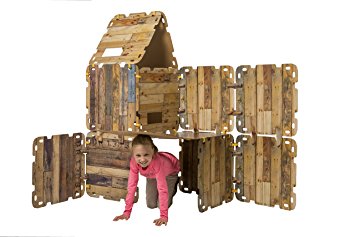 HearthSong Fantasy Fort Kit Creative Pretend Play Construction Building Set Kids Indoor Playhouse Heavy Duty Cardboard Carton Faux Wood Panels Velcro Connectors, Each Panel 22 x 22 Inches, 16 Pieces