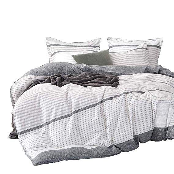 Joyreap 3 Pieces 100% Cotton Duvet Cover Sets,100% Premium Cotton Quilt Cover Set, White and Gray Simple Stripe Design, Soft Comfort Hypoallergenic and Cozy for Fall & Winter(Stripe,Queen)