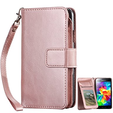 Samsung Galaxy S5 Case, Galaxy S5 Wallet Case, BENTOBEN Synthetic Leather Magnet Flip Wallet Case Cover Credit Card Holder Money Pocket Wristlet for Samsung Galaxy S5 I9600/Galaxy Sv , Rose Gold