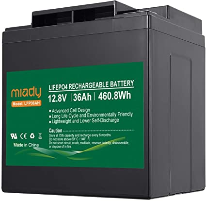 12V 36Ah Deep Cycle LiFePO4 Battery, 2000 Cycles Miady Rechargeable Battery for Golf Cart, Boat, Solar System, UPS and More (12V 36Ah)
