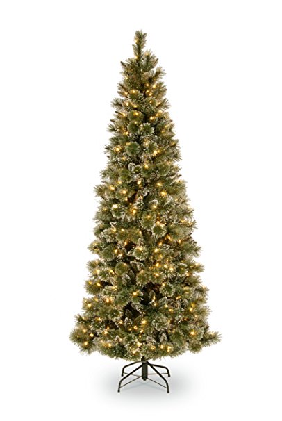 National Tree Company 7-1/2-Feet Glittery Bristle Pine Slim Tree with 600 Soft White LED Lights