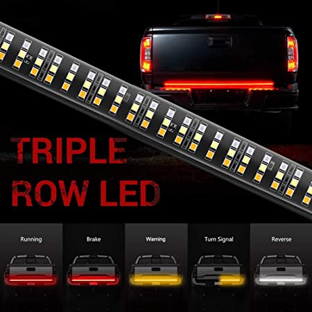 MustWin 60 Inch Tailgate Light Bar Triple Row 504 LEDs Tailgate Strip Light Red Running Brake Amber Turn Signal Strobe White Reverse Waterproof with 4-Pin Flat Connector for Pickup Trailer SUV RV Jeep