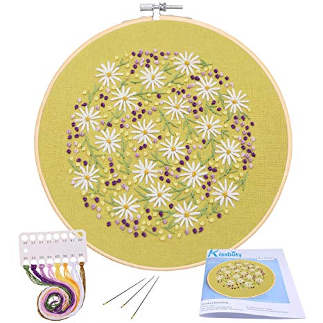 Full Range of Embroidery Starter Kit with Pattern, Kissbuty Cross Stitch Kit Including Stamped Embroidery Cloth with Floral Pattern, Bamboo Embroidery Hoop, Color Threads and Tools Kit (Daisy)