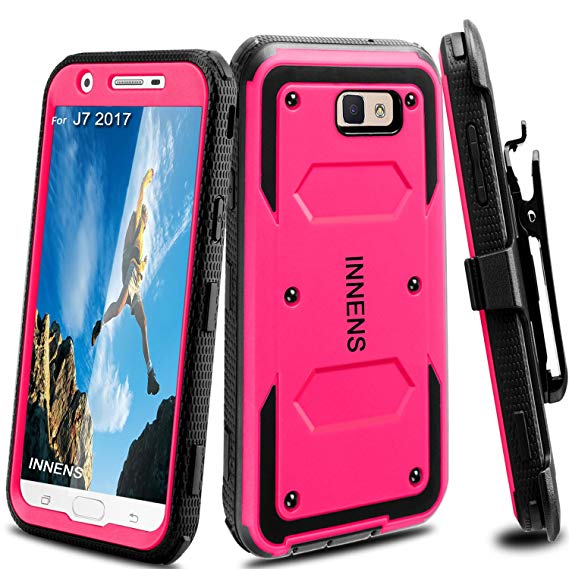 Innens Compatible Galaxy J7 V Case, J7 Sky Pro Case, J7 Perx Case, J7 Prime Case,Shockproof Hybrid Heavy Duty Protective Case with Kickstand Belt Clip Compatible Samsung Galaxy Halo (Rose Red)