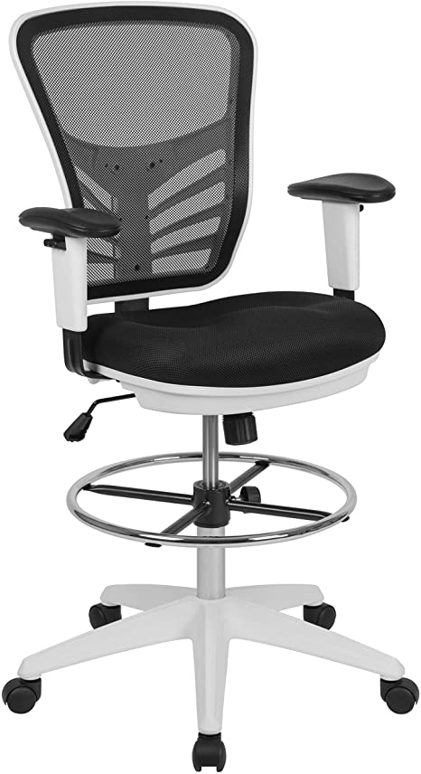 Flash Furniture Mid-Back Black Mesh Ergonomic Drafting Chair with Adjustable Chrome Foot Ring, Adjustable Arms and White Frame