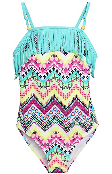 ATTRACO Little Big Girls Fringe Hollow-Out Rainbow Wave Stripe One Piece Swimsuit