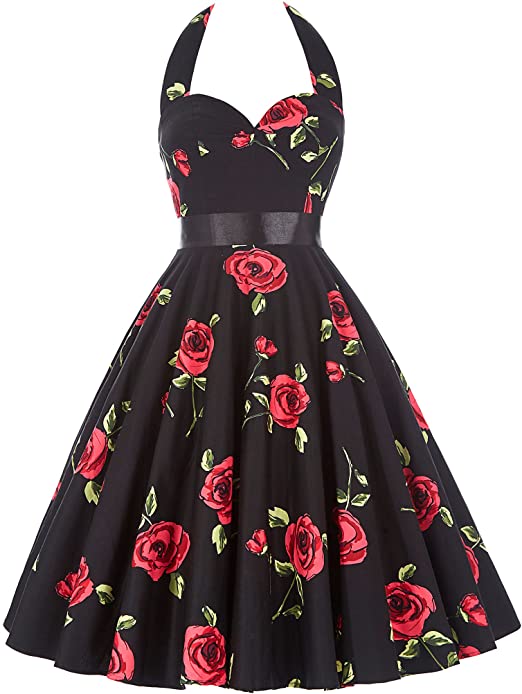 GRACE KARIN Women Vintage 1950s Halter Cocktail Party Swing Dress with Sash