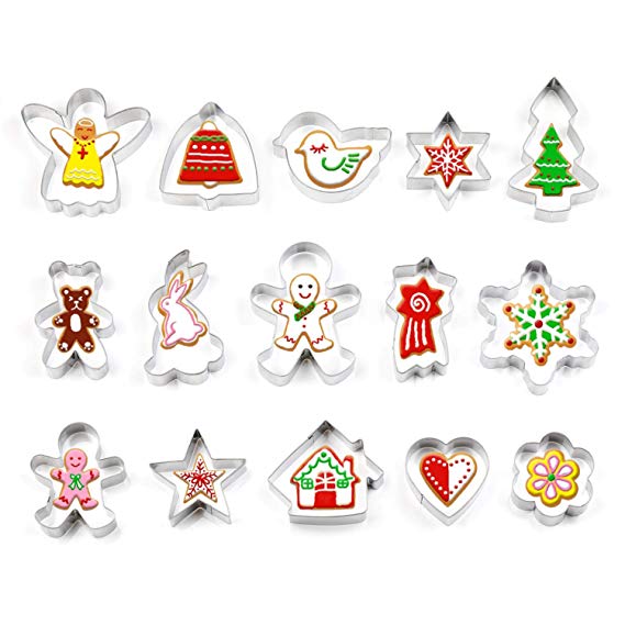 Christmas Cookie Cutter, 15 Piece Christmas Biscuit Cutters - Christmas Tree, Angel, Snowflake, Bell,House & More Shapes for Fondant Cookie DIY Baking