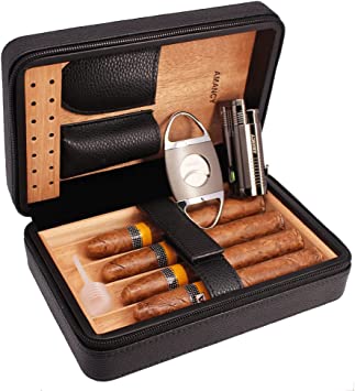 AMANCY Elegent Handmade Black Leather Cedar Wood Lined 4 Cigar Humidor Case with 3 Triple Jet Flame Cigar Lighter and Cutter，Suitable for Holding Large and Long Cigars