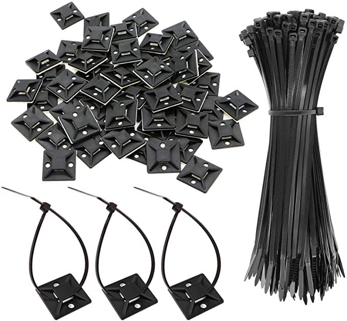 200Pcs Zip Tie Adhesive Mounts，Multifunctional Cable Ties（100Pcs 0.1×8inches） Adhesive Backed Mounts（100Pcs 1.1×1.1inches） Black