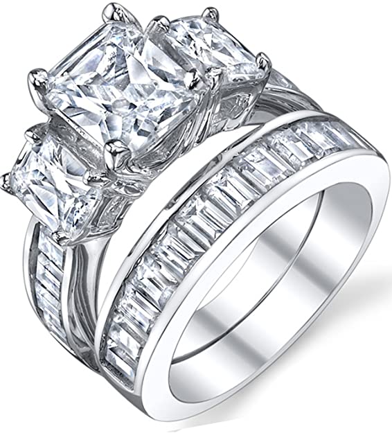 2 Carat Radiant Cut Cubic Zirconia CZ Sterling Silver Women's Engagement Ring Set Sizes 4 to 11