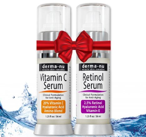 Retinol Serum 2.5% & Vitamin C Serum 2-pack with Hyaluronic Acid Serum & Vitamin E - Best Anti Aging Serums for Fine Lines & Wrinkles - Clinically Proven Skin Treatment for the Face - 1.25oz