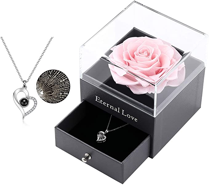 Preserved Rose Drawer with Silver-Tone Special Heart Necklace, Handmade Fresh Rose Romantic Gift for Her on Valentine's Day, Mother's Day (Pink Rose)