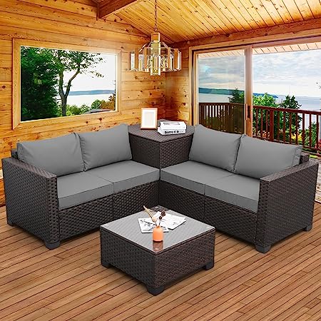 Outdoor PE Wicker Patio Furniture Set 4 Piece Dark Brown Rattan Sectional Loveseat Couch Set Conversation Sofa with Storage Box Glass Top Table and Non-Slip Grey Cushion
