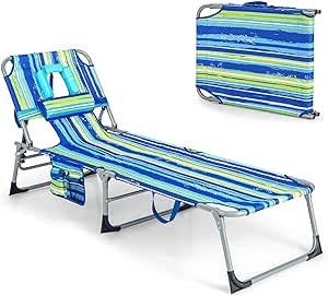 Giantex Tanning Chair, Folding Beach Chair with Face Arm Hole, Washable Pillow, Side Pocket, Carry Handle, Adjustable Pool Lounger, Chaise Lounge Chair Outdoor for Patio, Lawn, Lounge Chair Outside