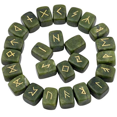 rockcloud Green Jade Rune Stones Tumbled Engraved Lettering Crystal Set for Wicca Crystals Healing Chakra Reiki