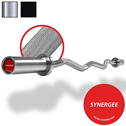Synergee Commercial EZ Curl Olympic Bar Chrome & Black Phosphate with Powder Coated Brass Bushings Excellent for Bicep Curls and Triceps Extensions