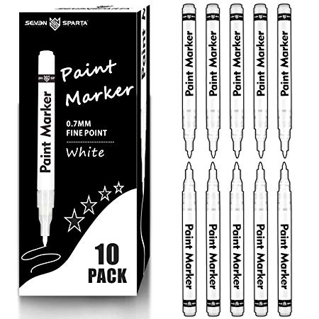 SEVENS White Paint Pen 10 Pack Extra-Fine Tip 0.7mm Permanent Art Markers Pens for Wood Rock Plastic Leather Glass Stone Metal Ceramic