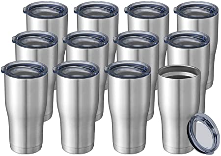20oz 12 Packs Wholesale Bulk Insulated Stainless Steel Tumblers Coffee Travel Mugs Reusable Blank Vacuum Double Wall with Lid Hot n Cold Drinks Cups Metal Thermal (A Dozen, Stainless Steel)
