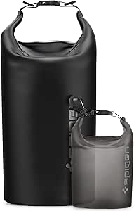 Spigen Aqua Shield Waterproof Dry Bag Set, Rucksack with Multipurpose Adjustable Straps for Beach Swimming, Fishing, Camping, Canoeing, Hiking, Kayaking, Paddleboarding, and Boating (20L 2L) - Black