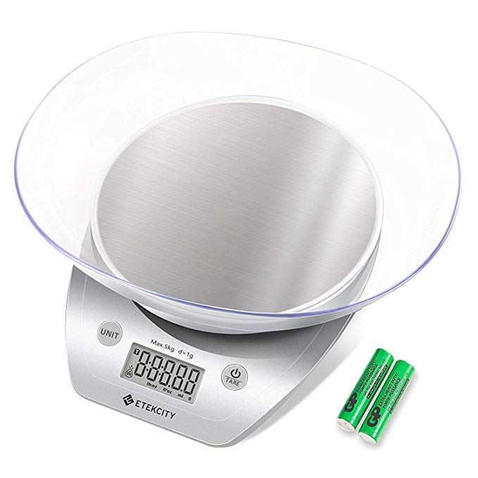 Etekcity Digital Kitchen Scale, Electric Food Weight Scales, Stainless Steel Platform Baking Scale with Removable Bowl, Large LCD Screen & Tare Button, 5kg/1g Silver (Batteries Included)