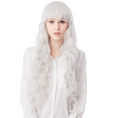 32 Inches Silver Long Big Wavy Cosplay Synthetic Hair Wigs for Women