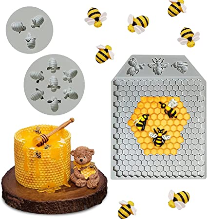 Honeycomb Bees Silicone Fondant Cake Mold, 3Pcs 7 Cavity Bumble Bee Silicone Mold, Beehive Silicone Baking Molds, Silicone Cupcake Cake Decorating Fondant Candy Baking Cake Moulds, Sugar Cube Mold