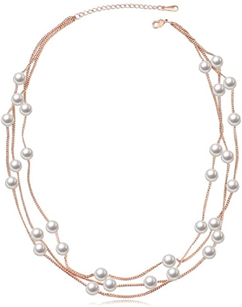 Crystalline Azuria Strand Pearl Necklace with Swarovski Crystal Simulated White Pearls 18 ct White Gold Plated Silver or Rose Gold Necklaces for Women 18"