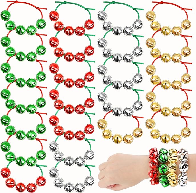 Cooraby 24 Pieces Assorted Colors Christmas Jingle Bell Bracelets Adjustable Christmas Bracelets with Metal Bells for Holiday Party Favors