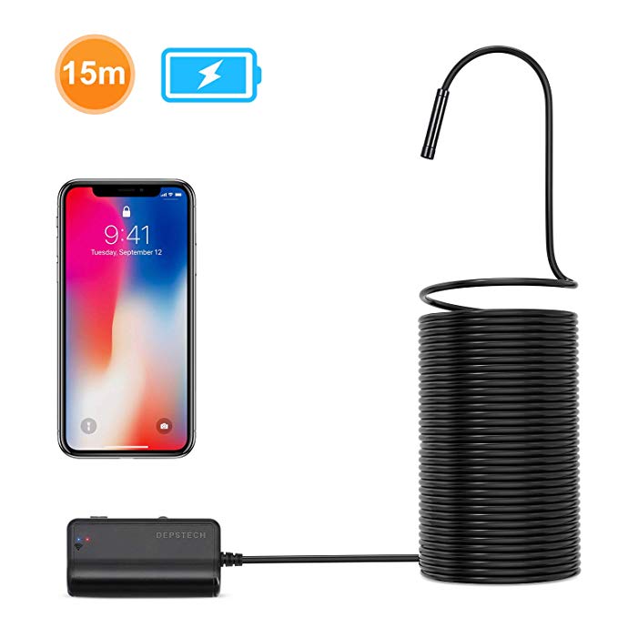 DEPSTECH 1200P Semi-Rigid Wireless Endoscope, 2.0 MP HD WiFi Borescope Inspection Camera,16 inch Focal Distance & 2200mAh Battery Snake Camera for Android & iOS Smartphone Tablet - Black 49.2FT