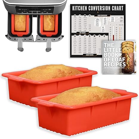 Air Fryer Silicone Loaf Pans for Ninja Foodi Dual Basket DZ201 8qt Baking Set, Non-Stick Cake Pan, Conversion Chart, Airfryer Bakeware for Double 2-Basket DualZone Airfryer, BPA Free by INFRAOVENS
