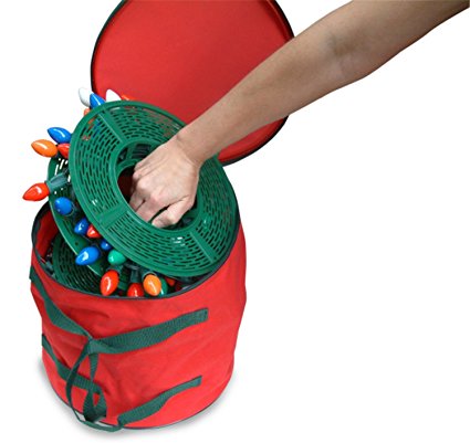 Set of 5 Christmas Light Storage Reels with Red and Green Polyester Zip Up Bag