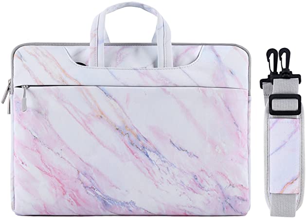 MOSISO Laptop Shoulder Bag Compatible with 15 inch MacBook Pro Touch Bar A1990 A1707, ThinkPad X1 Yoga, 14 Dell HP Acer, 2019 Surface Laptop 3 15, Marble Pattern Carrying Briefcase Sleeve Case, Pink