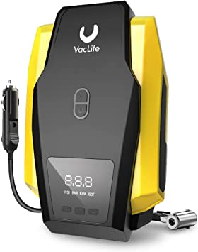 VacLife Air Pump for Car Tires (up to 50 PSI), 12V DC Tire Pump for Bikes (up to 150 PSI), Tire Inflator Portable Air Compressor, Model: ATJ-1166, Yellow (VL701)