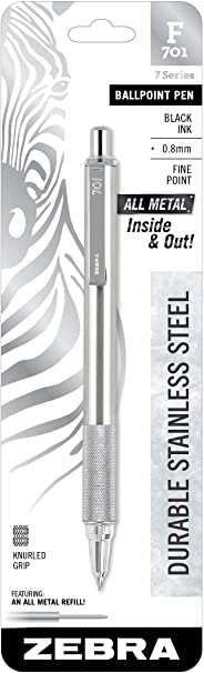 Zebra Pen 29411 F-701 Ballpoint Stainless Steel Retractable Pen, Fine Point, 0.8mm, Black Ink, 1-Count