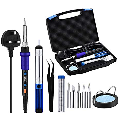 Soldering Iron Kit, TOPELEK Soldering Iron with LED Display, ON/OFF Power Switch, PID Temperature Controller, with Carry Case, 5 Soldering Tips, Sucker, Tweezers, Wire, Stand with Sponge