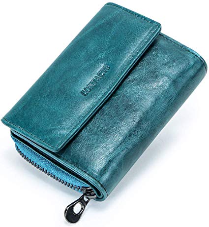 Women's Leather Wallet, RFID Blocking Minimalist Vintage Cowhide Leather Wallet With ID Window (Blue)