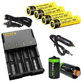 Nitecore Sysmax Intellicharge i4 Four Bays universal homecar battery charger Four Nitecore 18650 NL186 2600mAh rechargeable batteries with 2 X EdisonBright AA to D type battery spacerconverters bundle