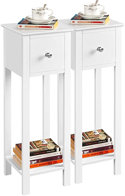 Yaheetech Nightstand Set of 2 Bedside Tables with Drawer Slim Tall Telephone End Table Narrow Hallway Side Table Wooden White 25x25x70cm