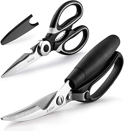 X-Chef Poultry Shears and Kitchen Scissors Set of 2, Heavy Duty Stainless Steel Meat Scissors with Cover and Spring Loaded Lock, Professional & Sharp Shears for Chicken, Fish or Herb