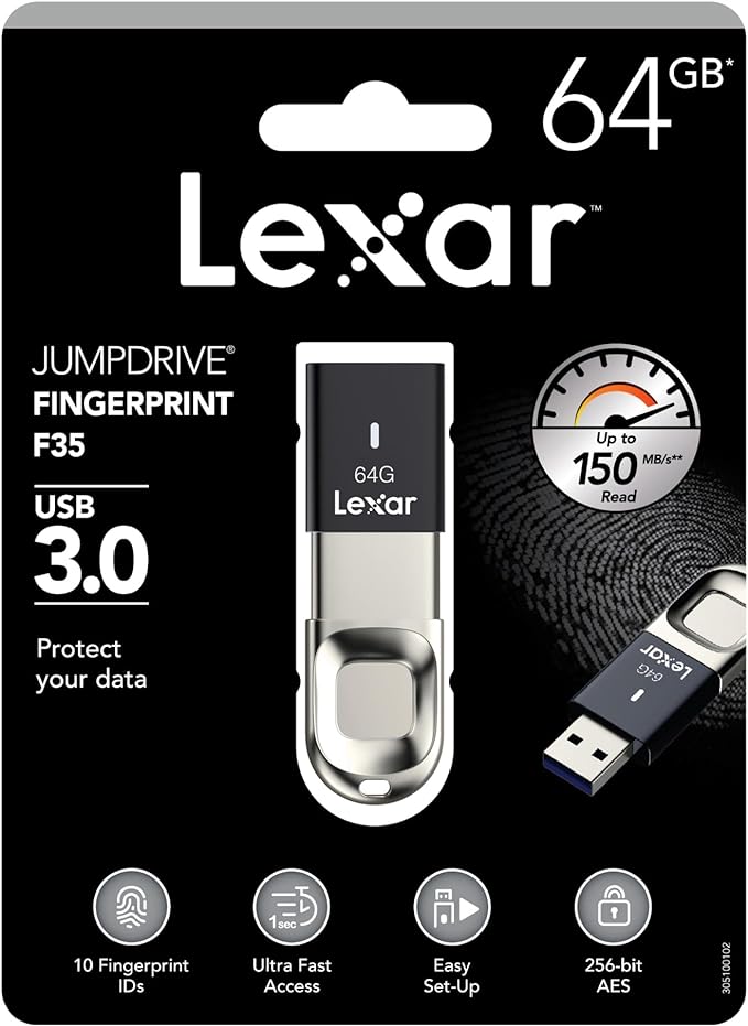 Lexar Jumpdrive Fingerprint F35 64GB USB 3.0 Flash Drive, Black/Silver (LJDF35-64GBNL)