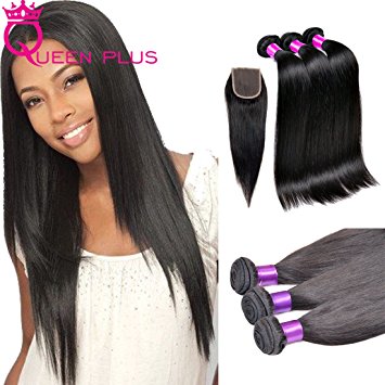 Queen Plus Hair 7a Unprocessed Brazilian Virgin Human Hair Silky Straight Weave Hair Extensions 3 bundles Mixed Length with (4×4) Free Part Top Lace Closure (8 8 8 with 8 Inch)
