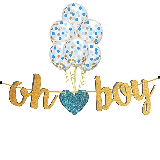 Gold Oh Boy Banner,Blue Heart Gold Blue Light Blue Confetti Balloons Planning a Baby Shower