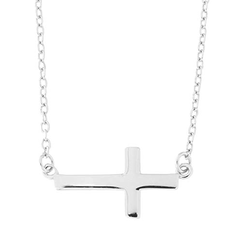 Beauniq Solid Sterling Silver Rhodium Plated Sideways Cross Pendant Necklace, 16"-18"