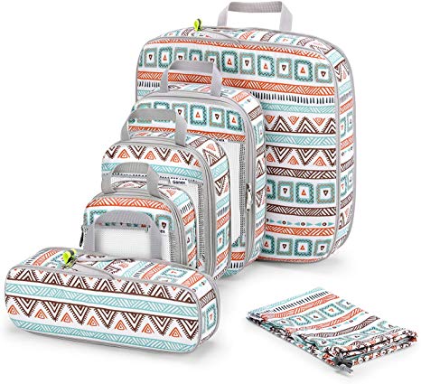 Gonex 6pcs Travel Compression Packing Cubes Set, Extensible Storage Mesh Bags, Water Repellent Polyester Flower Printed Travel Clothes Organizers Luggage Cubes with Laundry Bag (White)