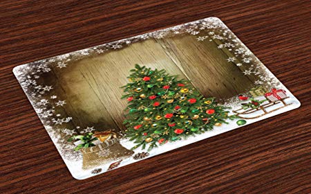 Ambesonne Christmas Place Mats Set of 4, Festive Pine Tree with Present Boxes on Snowy Board Xmas at Countryside Theme, Washable Fabric Placemats for Dining Room Kitchen Table Decor, Multicolor