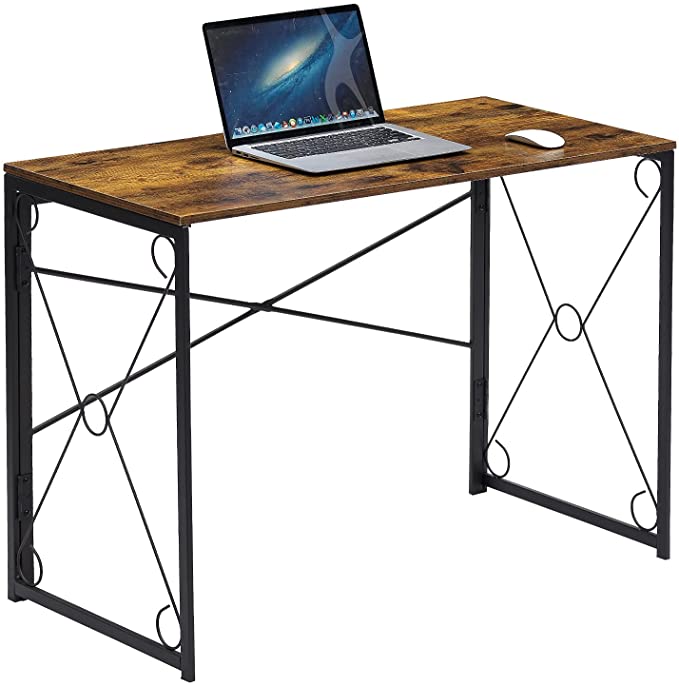 VECELO 39" Writing Computer Folding Desk Sturdy Steel Laptop Table for Home Office Work, No Assembly Required,Antique Brown