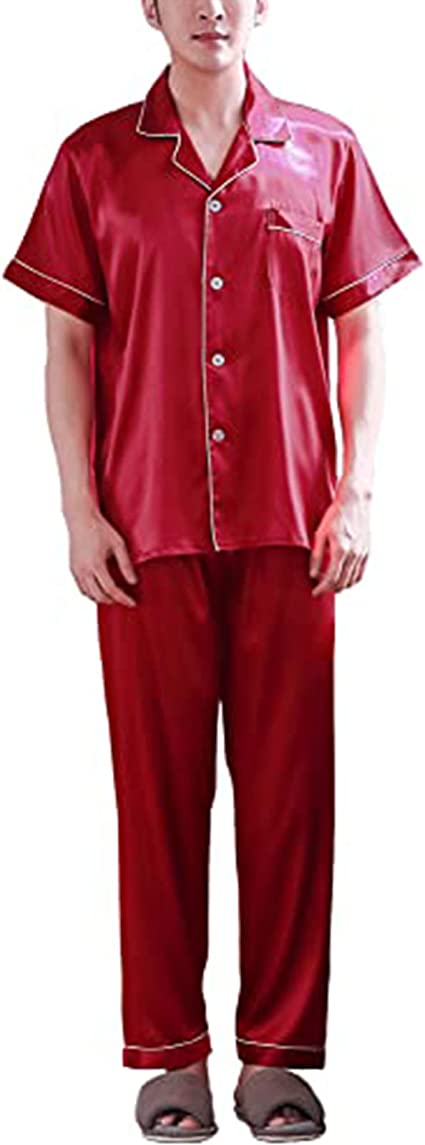 ZUEVI Men's Silk Satin Pajamas Set Short Sleeve Dragon Pattern Pjs Sets Classic Loungewear Button-Down Sleepwear