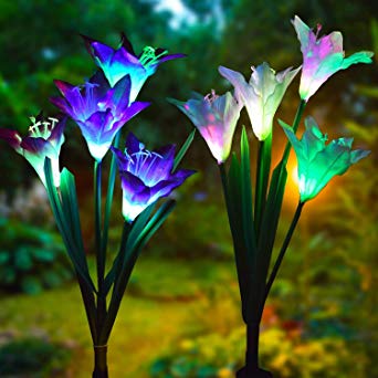 LED Solar Lily Flower Lights 2 Pack 8-Head 7 Color Changing Outdoor Garden Stake Lamps Bigger Flowers and Wider Solar Panel for Garden Patio Yard Pathway Party Holiday Decoration(White & Purple)