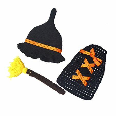 M&G House Unisex Newborn Baby Photography Props Handmade Crochet Knitted Halloween Witch Hat Cloak Outfits